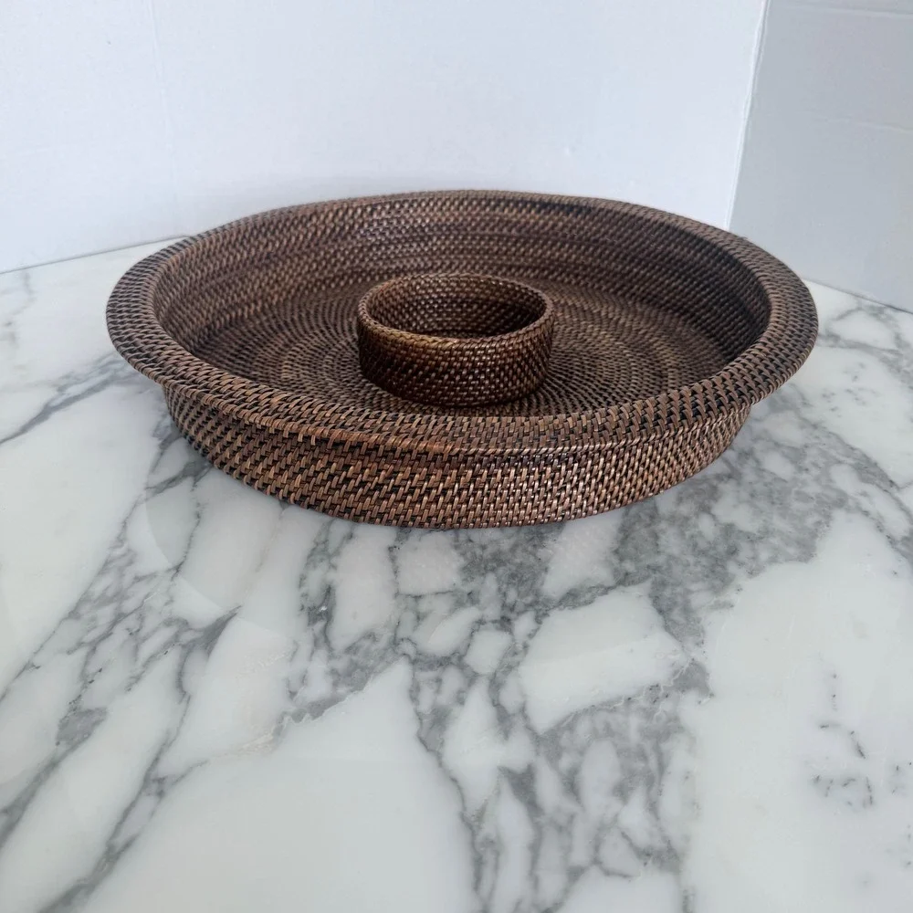 Woven Rattan Chip and Dip Serving Tray Brown Boho Round Wicker Platter 15.5 inch